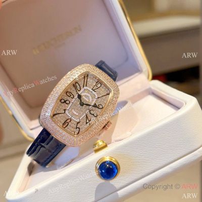 Copy Franck Muller Galet Rose Gold Pave-Diamond Lady Watches Blue Leather Strap